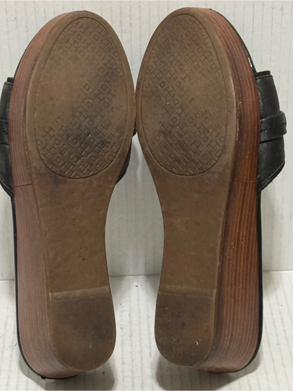 Tory Burch Madalena Black Leather Wedge Slide Sandals Double T Logo Platform 8 - Picture 6 of 11